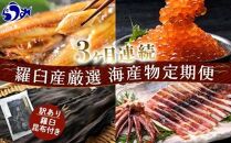 3か月連続定期便 羅臼産厳選 海産物 訳あり羅臼昆布付き定期便 こんぶ コンブ 出汁 ホッケ ほっけ 干物 魚 イカ いか おつまみ いくら イクラ 秋鮭 ご飯のお供 北海道 羅臼町